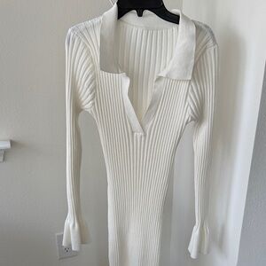 Ribbed Collared Long Sleeve Dress in White